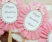 Girly Frills. Twelve Pink Ruffled Cupcake or Appetizer Toppers with Personalized Wording