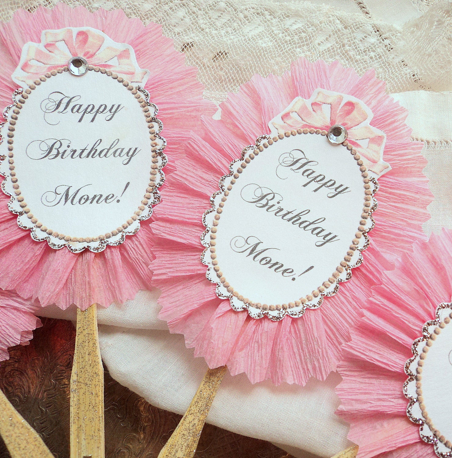 Girly Frills. Twelve Pink Ruffled Cupcake or Appetizer Toppers with Personalized Wording