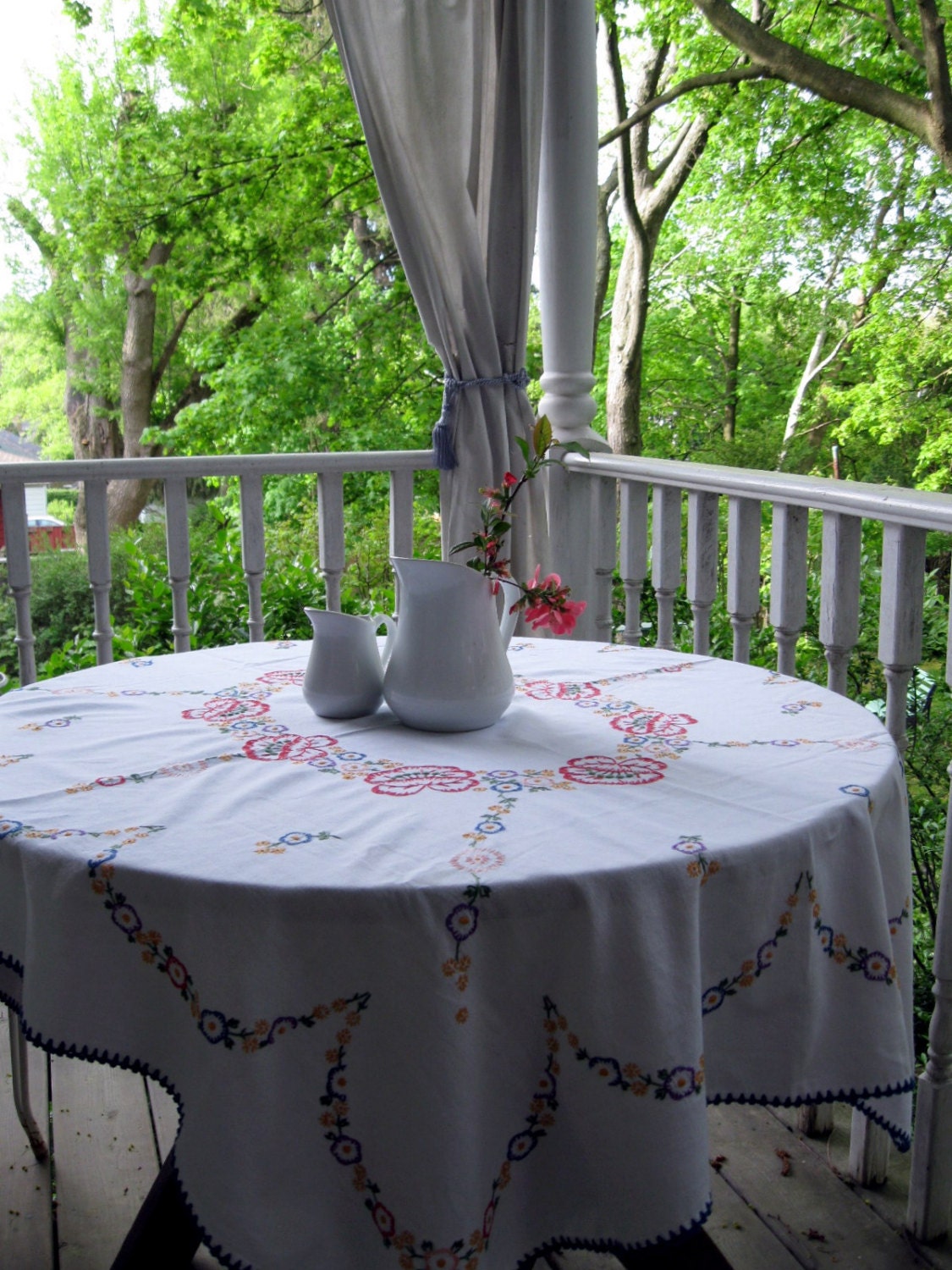 Embroidered Tablecloth, Large Tablecloth, Vintage, Picnic Tablecloth, Cottage Charm, by mailordervintage on etsy