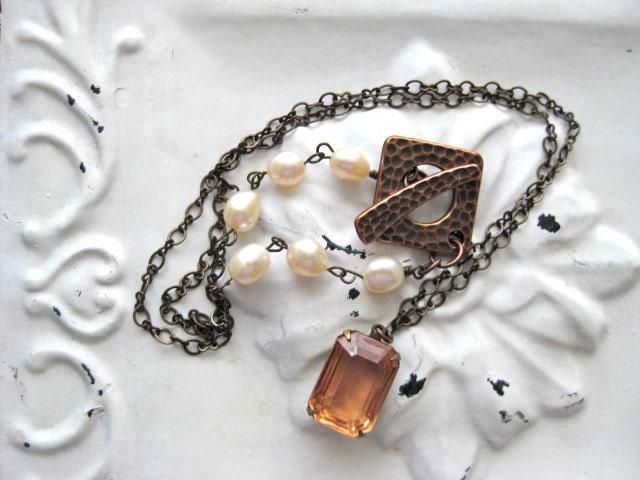 Vintage Peach Rhinestone Fresh Water Pearl Antique Brass and Copper Necklace