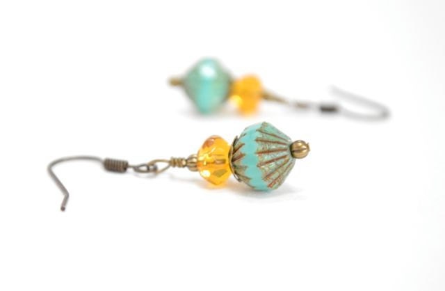 Piacasso Turquoise Earrings, Teal Yellow Mustard Earrings Minimalist Jewelry Antiqued Brass Summer Fashion Dangle Pastel Earrings Under 15