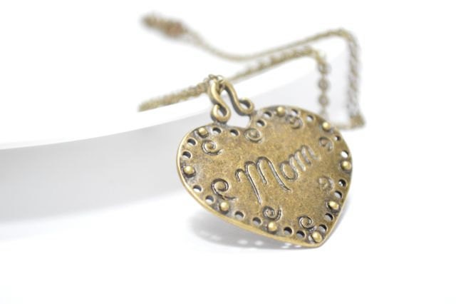 Mothers Day Gift, Mom Heart Charm Pendant Necklace, Antiqued Brasss Big Statement Bold Jewelry Gift For Her - CCARIA