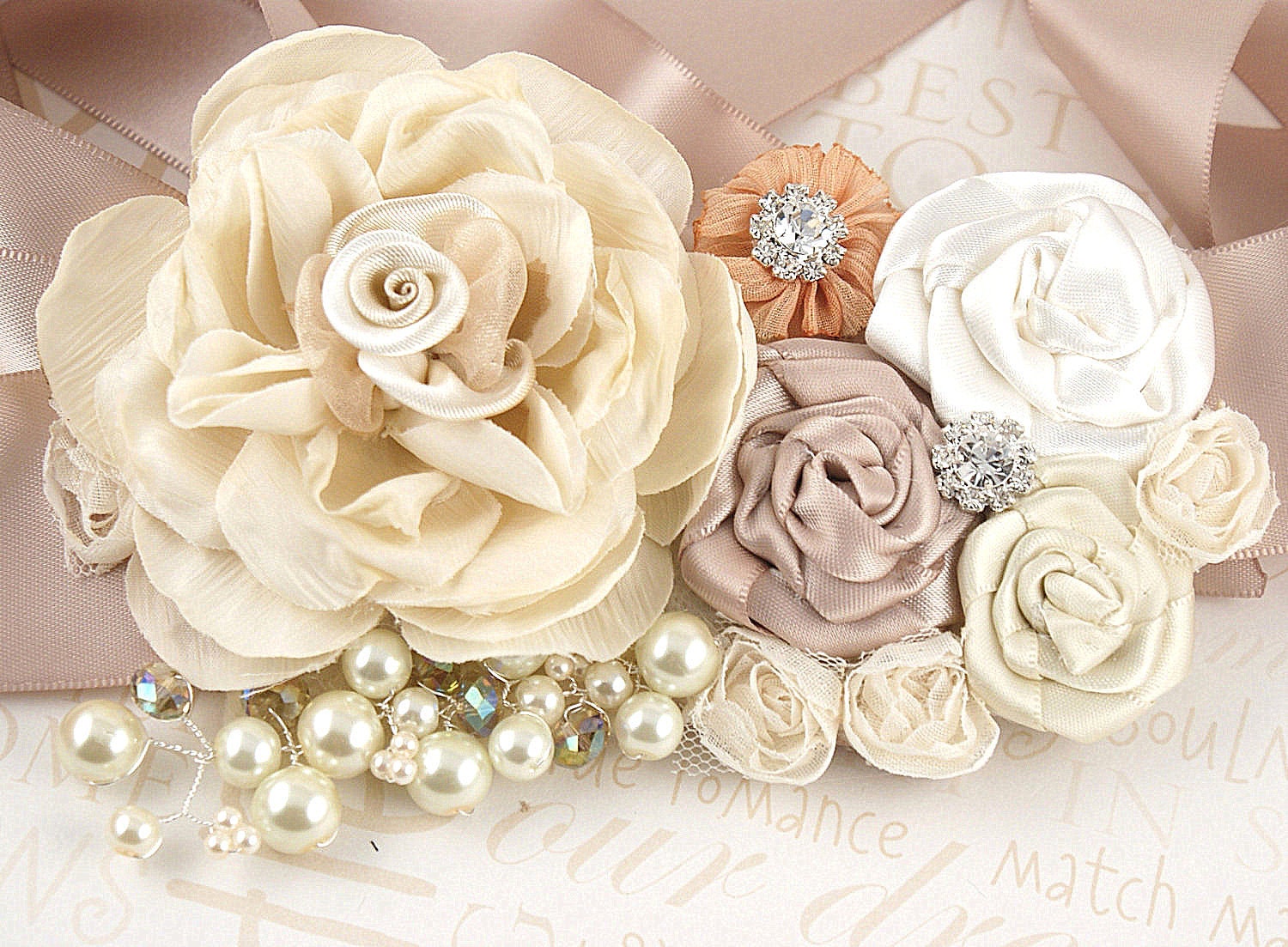 Bridal Sash - Kate - with Satin, Organza and  Silk Flowers, Rhinestones and Pearls