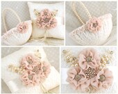 Bridal Ring Bearer Pillow and Flower Girl Basket Set in Ivory and Blush with Lace, Chiffon, Jewels and Pearls - Vintage Inspired