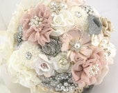Brooch Bouquet Chic Glam in Ivory and Blush with Linen, Lace and Pearls