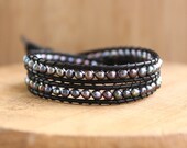 Black Leather Wrap Bracelet - with Freshwater Pearls - Extendable, Double Wrap