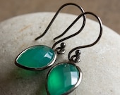Memorial Day SALE Black Rhodium Green Onyx Inverse Teardrop Earrings - May Birthstone - Emerald Green