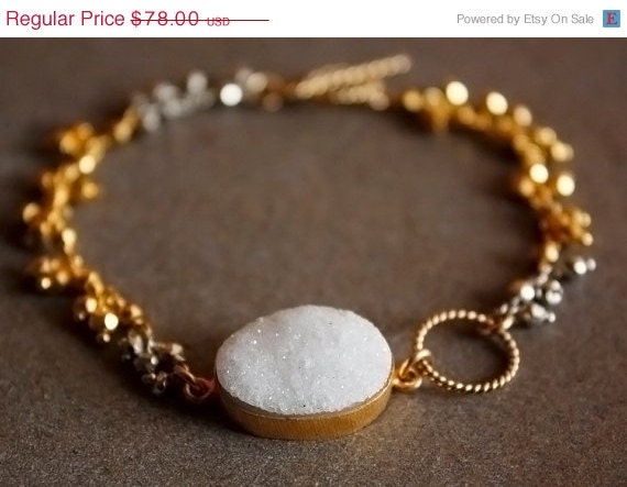 Memorial Day SALE White Druzy and Silver, Gold Pyrite Toggle Bracelet - Metallic Sheen - Autumn Fashion