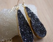 SALE 15 OFF Gold Black Agate Druzy Teardrop Earrings - 14K Gold Fill - Black and Gold Glamour