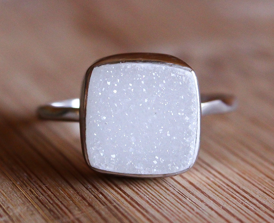 White Druzy Gemstone Ring - Cushion Cut - Sterling Silver