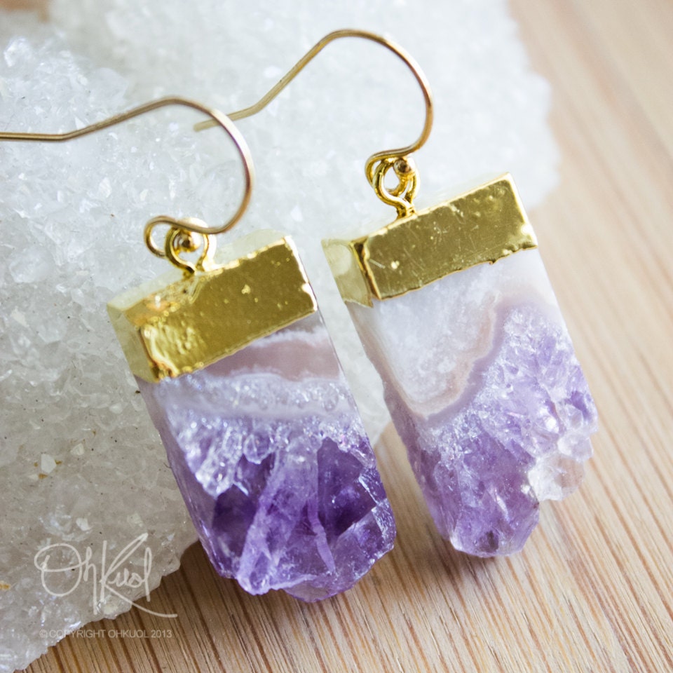 Gold Purple Amethyst Stalactite Earrings - 14K Gold Fill - Raw Slice Earrings