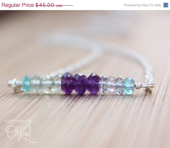 Memorial Day SALE Purple Amethyst, Blue Apatite, Green Amethyst, and Blue Quartz Necklace - Wire Wrapped - 925 Silver