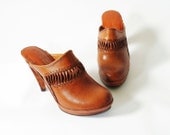 Vintage Wooden High Heel Clogs Size 7 Orange Brown Leather