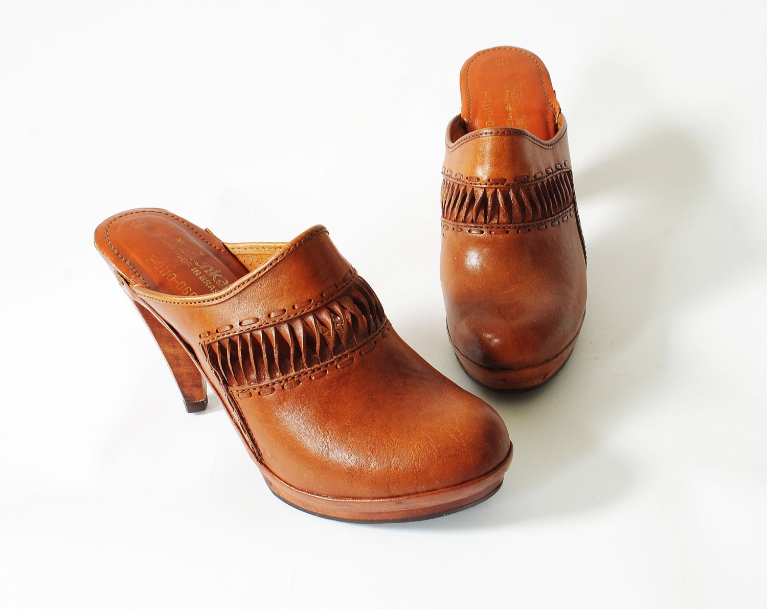 Vintage Wooden High Heel Clogs Size 7 Orange Brown Leather