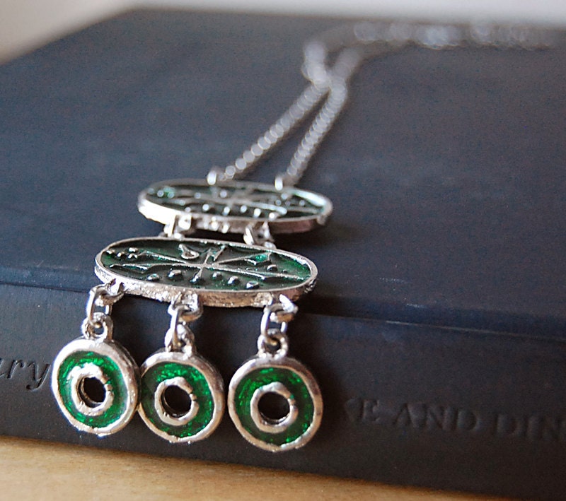 Groovy Vintage Hippie Boho Handmade Tribal 1960s Modern Long Large Green Enamel and Silver Etruscan Revival Necklace