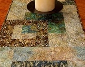 Quilted Batik Table Runner or Wall Hanging with Blues Greens and Browns Extra Long