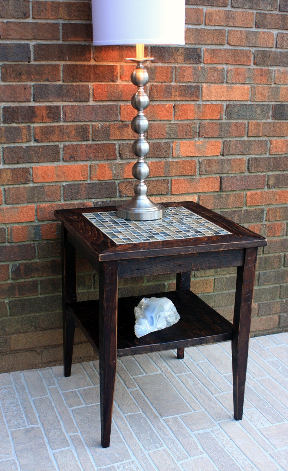 End Table, Mosaic Centerpiece, "Bamboo Beach", Reclaimed Wood, Java Finish - Handmade