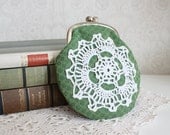coin purse with vintage crocheted lace, green
