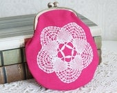coin purse with vintage crocheted lace, pink