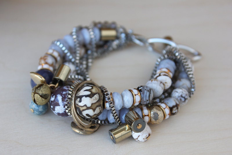 Anjuna Bracelet - statement blue and beige metal bracelet with semi-precious beads