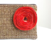 Chocolate Brown Clutch Handbag with Tangerine Orange Satin Flower