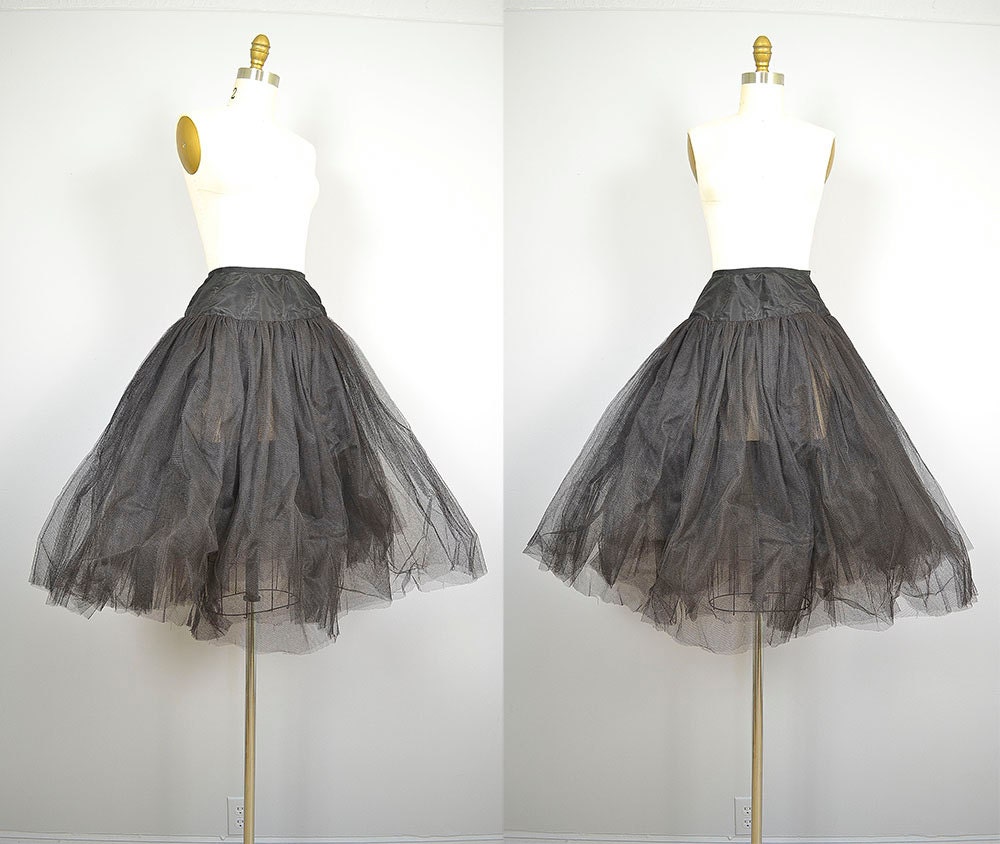 1950s Crinoline . 50s Tulle Crinoline .  Black Extra Full Layered Petticoat . Taffeta Waist.