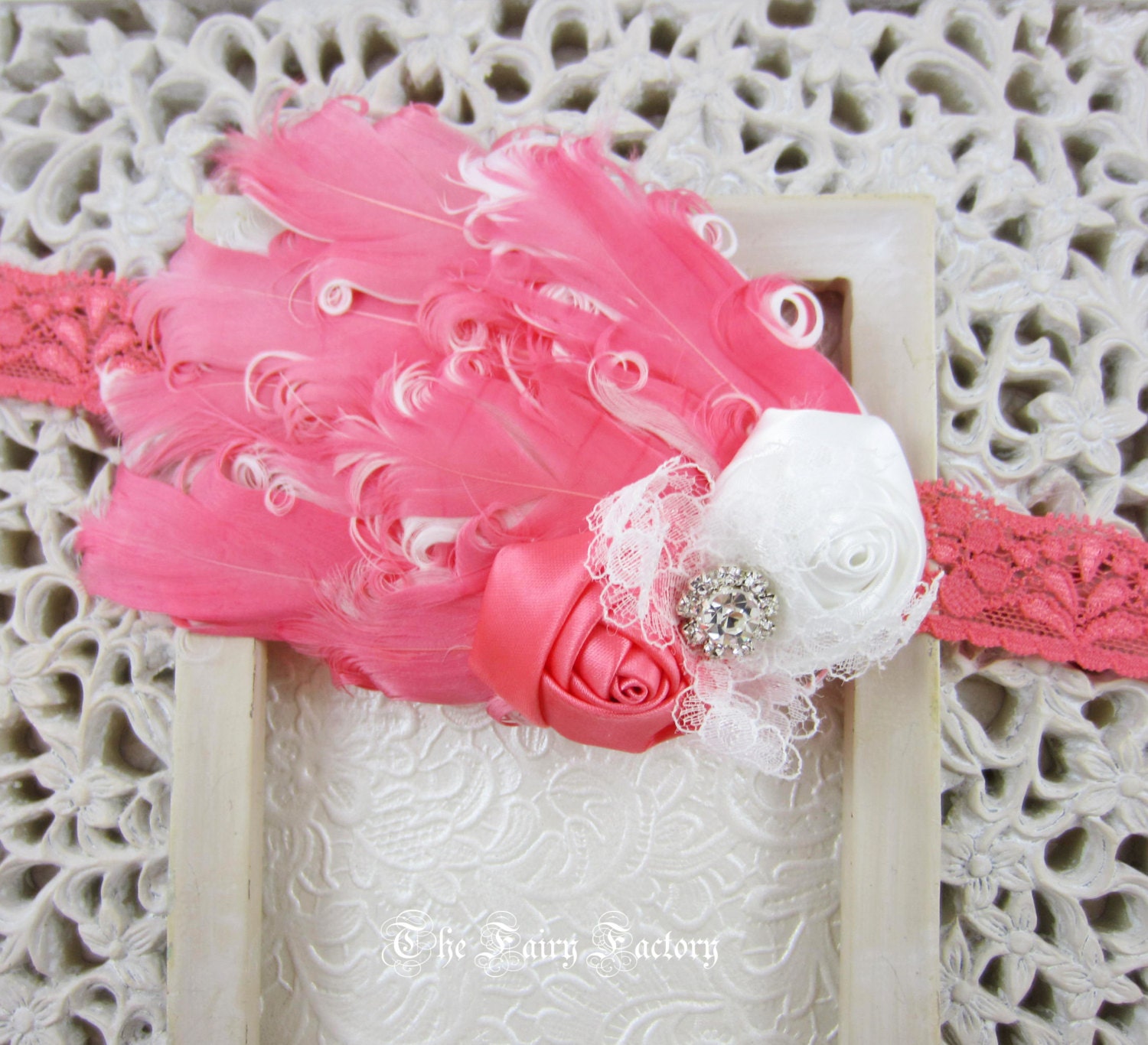 Coral Pink & White Feather Headband w/ Satin Roses, Lace, and Crystal Accent Lace Headband, Baby Child Girls Headband Adult