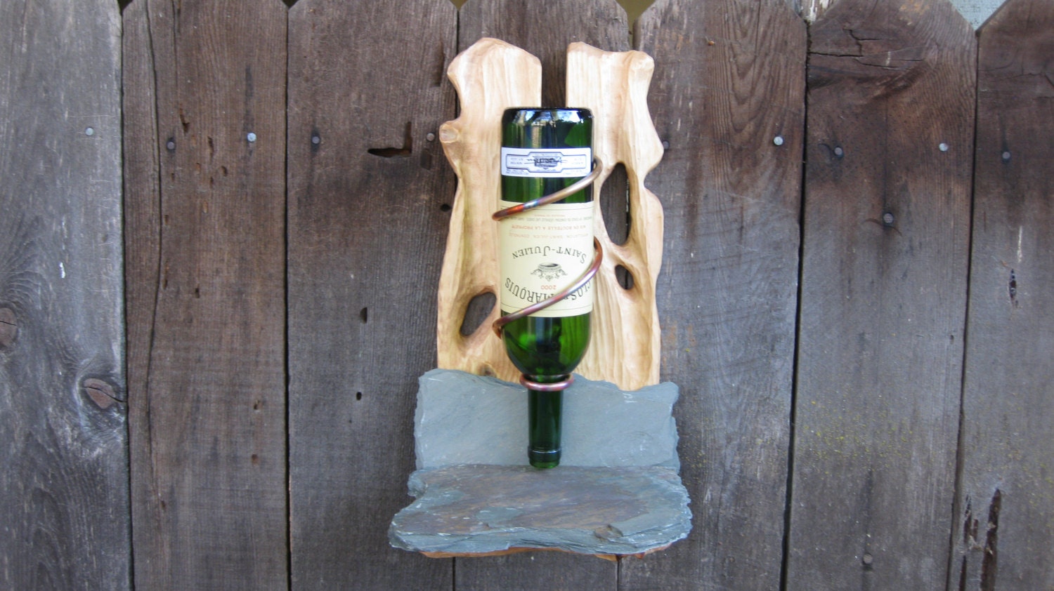 Bird Feeder Sculpted Pine and Rustic Slate With Wine Bottle