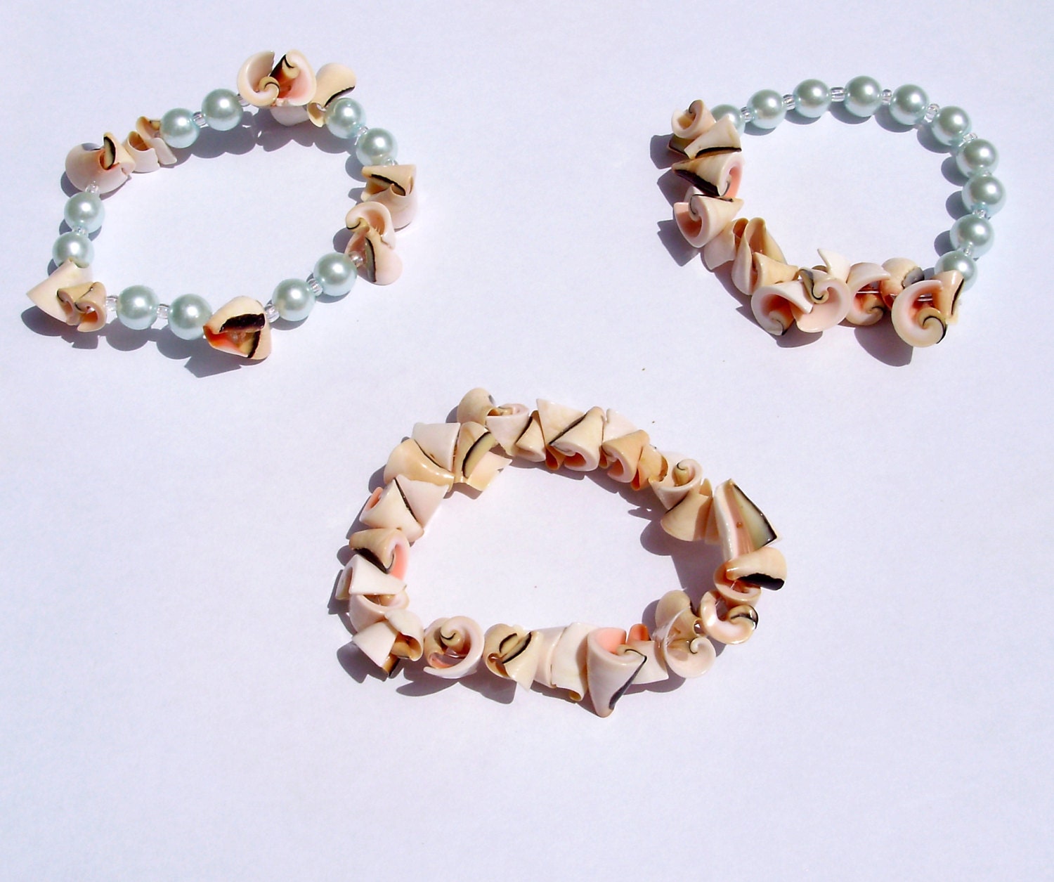 Bracelets-  Pearls Sea Green Pearls- Peach Botswana Shell Bracelet- Stretch Pearl-Shell Bracelet- OOAK- Handmade