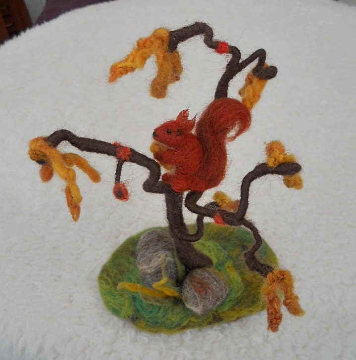 Miniature Hazel Tree with Catkins and Tiny Red Squirrel Play Scape Play Mat Needle Felted Nature Scene Waldorf Play items