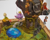 A Giant Hollow Tree House Fairy House Waldorf Playscape Play mat with Mother and Three Children Needle Felted Playtime