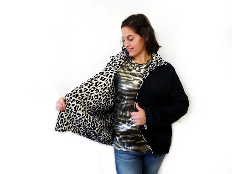 Vintage 80s Reversible Leopard Print  Velvet Jacket Black Coat