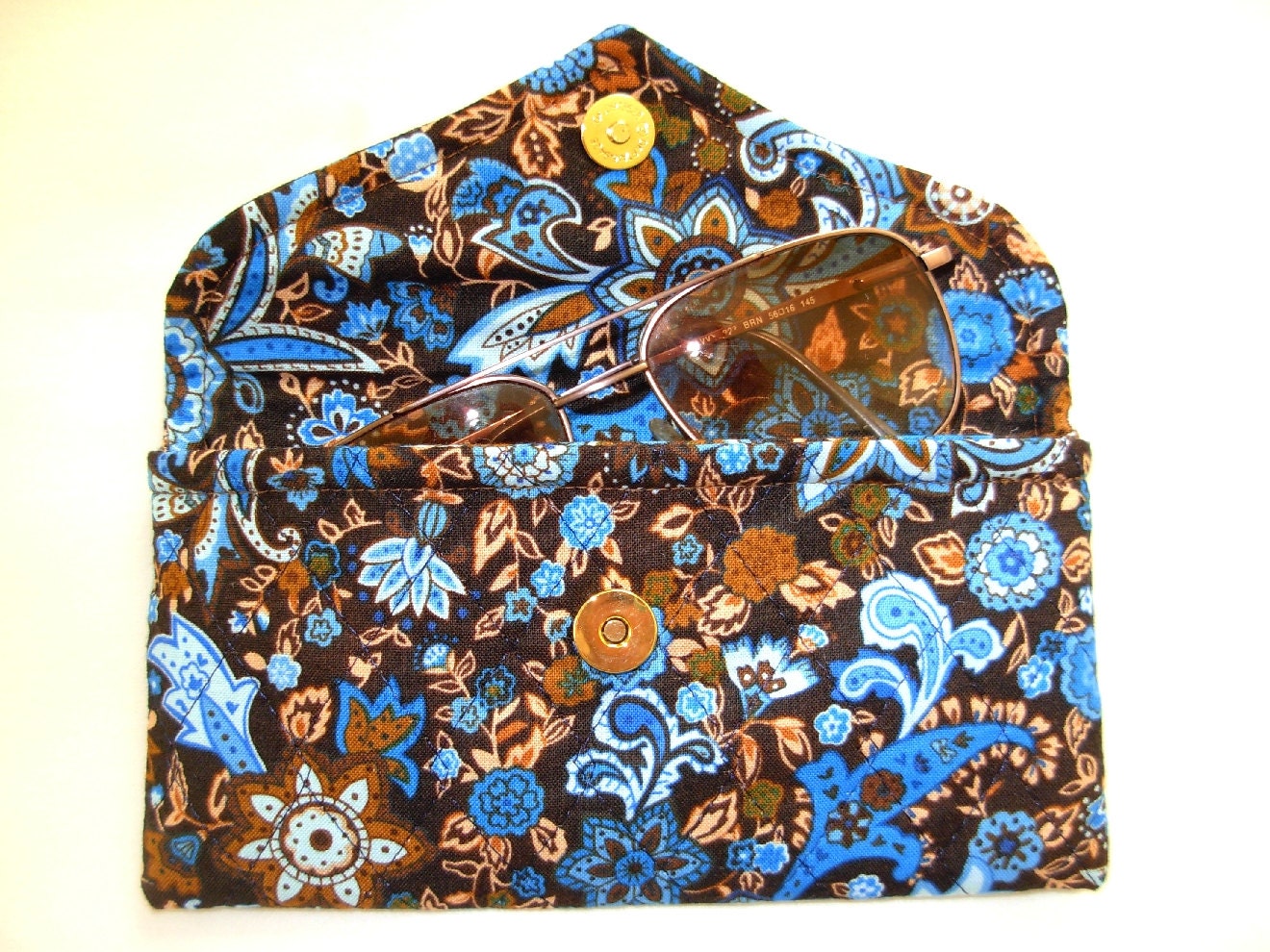 Glasses Case Quilted Designer Fabric Blue Brown Floral Envelope Style