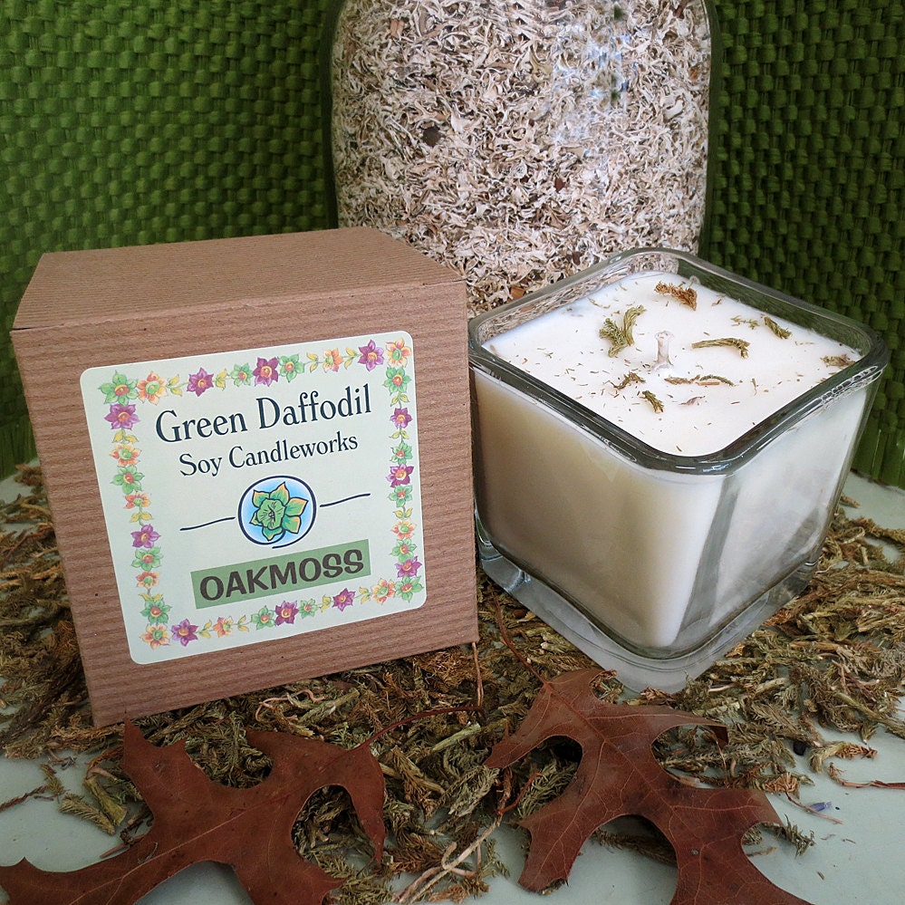 Oakmoss Soy Candle - 12 oz. Glass Cube - Green Daffodil - Hand poured