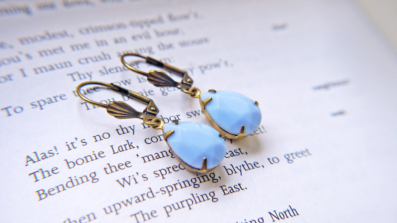 Vintage Light Blue Opaque Glass Earrings. Antique Gold Brass Leverback Earrings