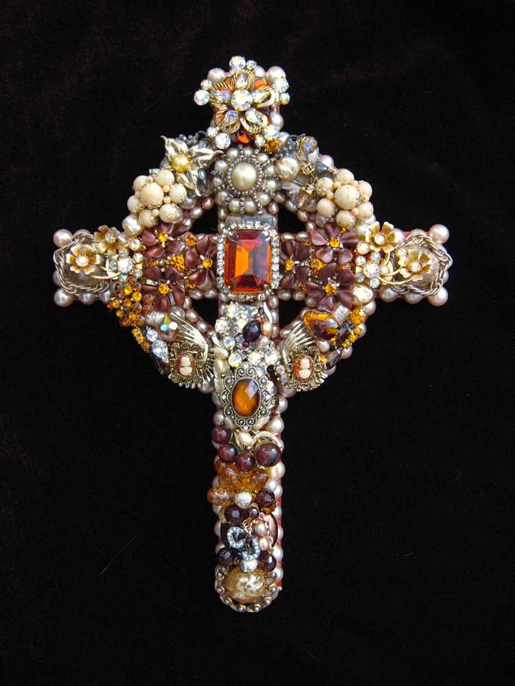 Vintage Jewelry Collage Sculpture Camellia Roman Cross Decorative Art