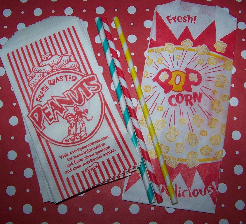 Popcorn & Peanut Bags Perfect For Movie Night- Circus or Carnival And Baseball Parties 24 Bags 12 of Each