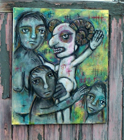 Mixed Media Art Oiginal Painting. " The Plea" Outsider Art Free Shipping