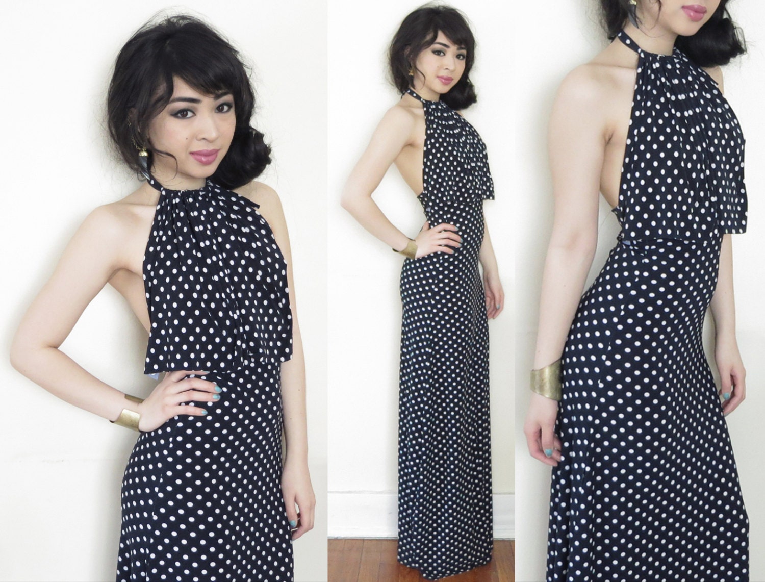 Navy Polka Dot Formal Halter Gown Backless White XS S M L
