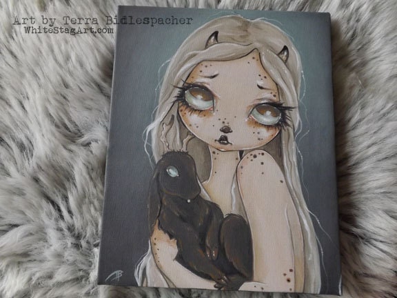 Critters- Limited Editon Canvas giclee Print - Made to Order -Fantasy fairy imp girl with jackalope