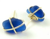 Sea Glass Jewelry - Tie the knot -  Rare Sea Glass Cobalt or Cornflower Blue Stud Earrings - NEW 14k Gold Filled or Sterling Silver