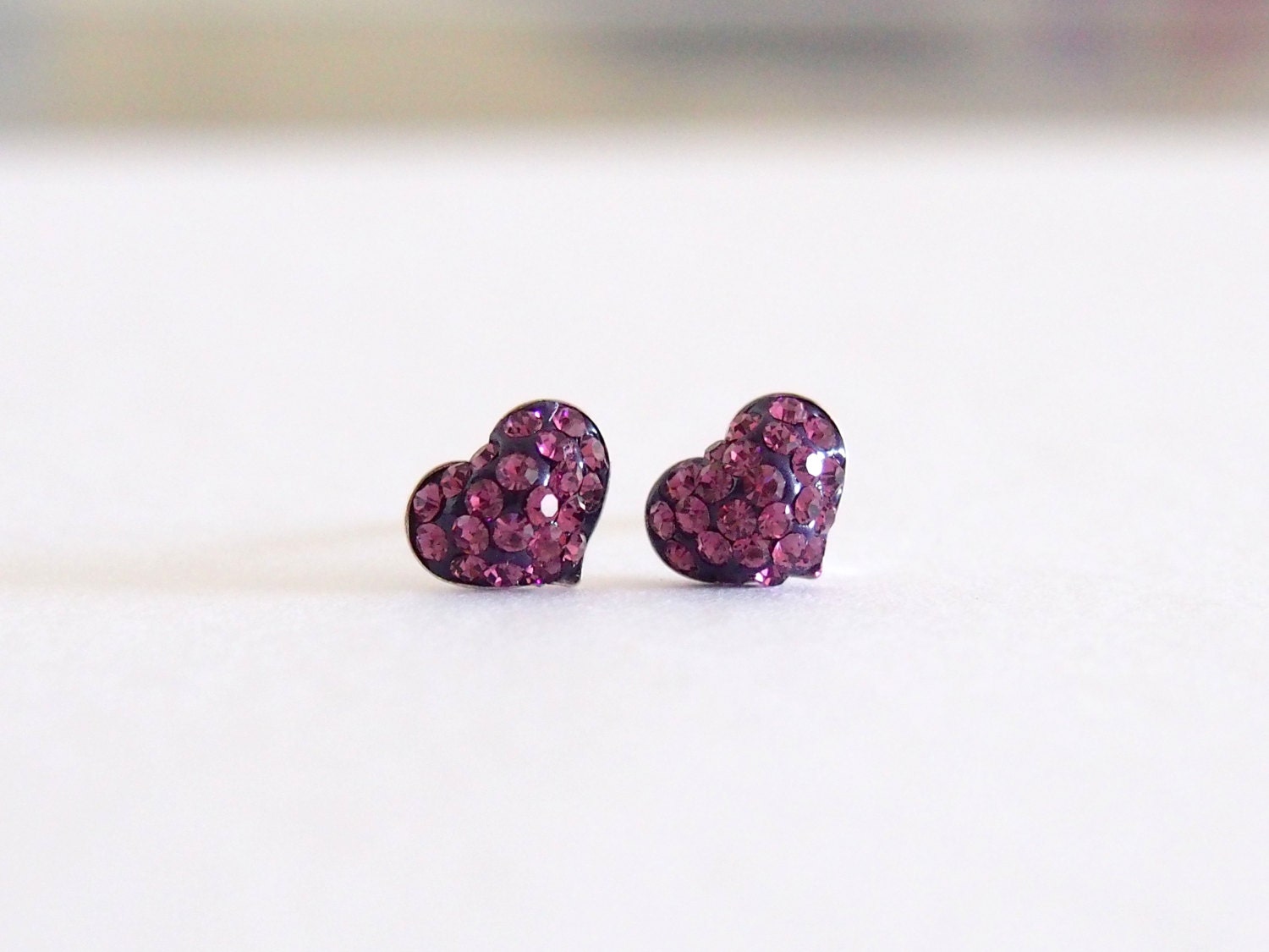 Purple pink swarovski heart earrings. Dainty petite heart earrings.