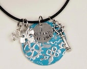 Autism Awareness Embossed Pendant with Handstamped Charm, Puzzle and Swarovski Dangle