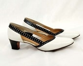 1960s black white shoes, pumps with open sides, polka dot detail, leather heels, Size 6N - vintagerunway