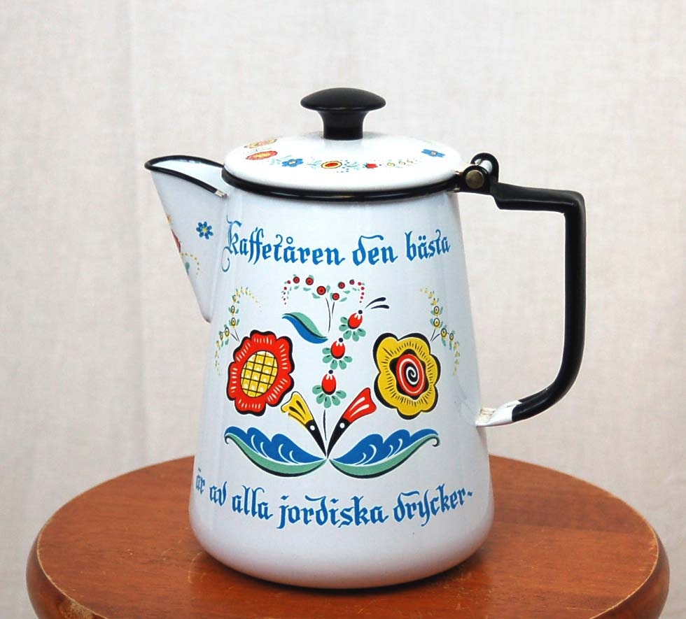 Vintage enamel coffee pot Swedish writing hand painted flowers 1970s 70s white blue yellow orange - vintagerunway