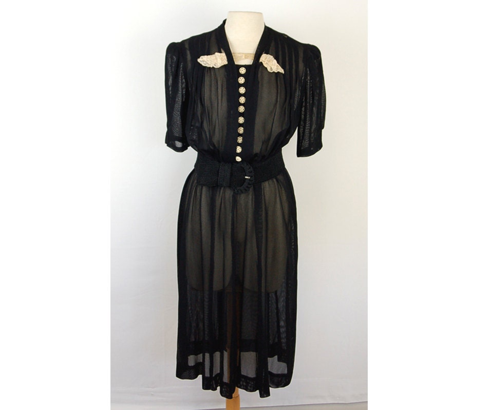 1930s dress, sheer black dress, black and cream, puffed sleeves, Size M/L