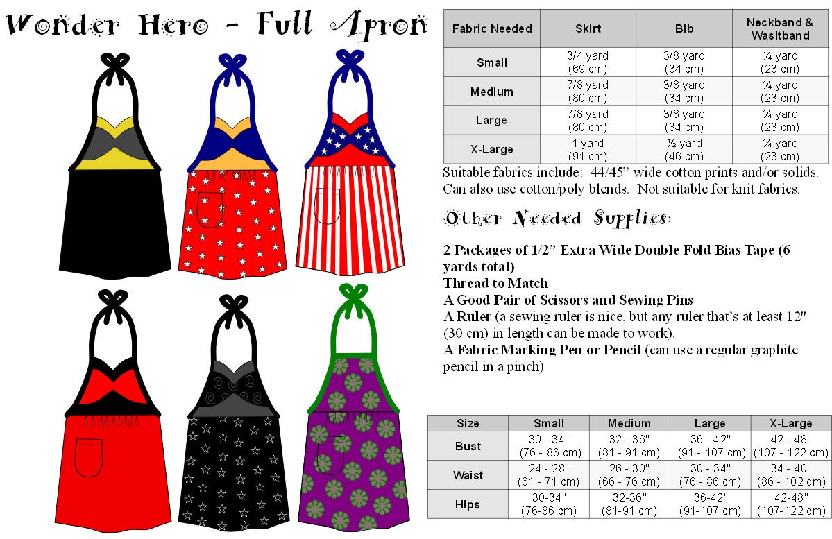 The WONDER HERO Woman's Full Super Hero Apron Pattern - multiple sizes - red, white, blue, yellow, stars