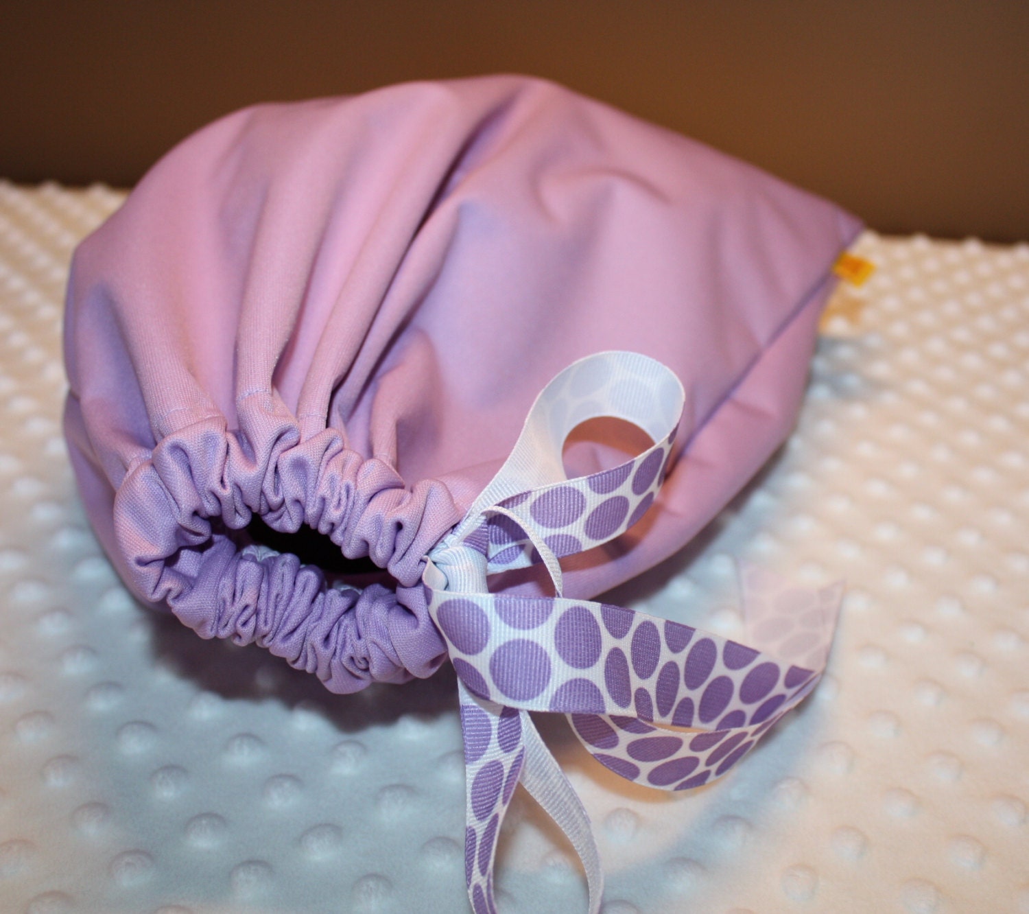 Purple Wet Bag- 13"x14"- Medium Waterproof Bag- Purple PUL fabric with purple dot ribbon- Cloth Diaper Wet Bag- The Dirty Bag
