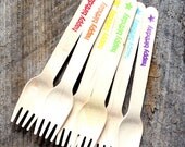 LARGE Wooden Forks in BOYS Rainbow "happy birthday" Star - Eco-friendly Wooden Utensils (set of 18)