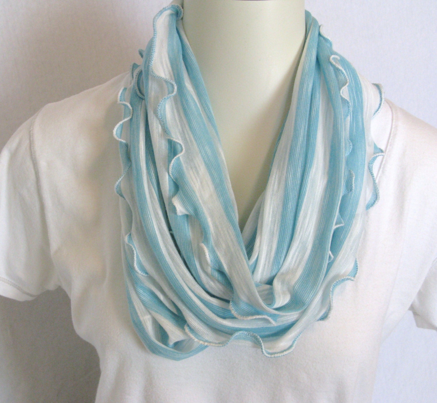 Ruffle Edge Circle Scarf - Turqoise and White Slub Jersey Knit